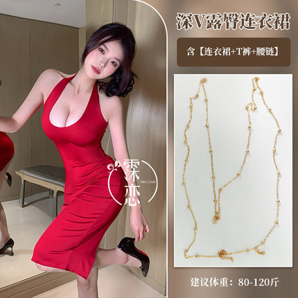 French Sexy Nightgown for Party, Deep V Breast-Revealing Dress, Sexy Pure Lust Red Nightgown, Bare Buttocks Sexy Intimates for Women