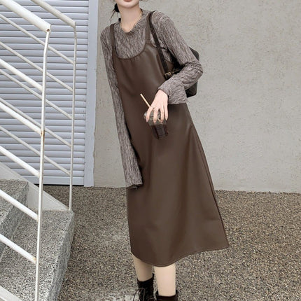 New in stock Tea dress suit Women's 2024 Spring and Autumn Leather Slip Skirt Knitted Two-piece Set