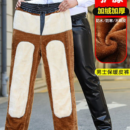 Middle-aged and Elderly Winter Velvet Thickeneded Leather Pants Men's Windproof, Waterproof, Warm, Elastic Waist, Loose Takeaway Large Size
