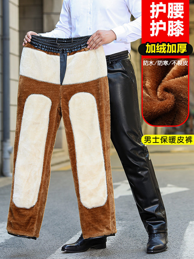Middle-aged and Elderly Winter Velvet Thickeneded Leather Pants Men's Windproof, Waterproof, Warm, Elastic Waist, Loose Takeaway Large Size