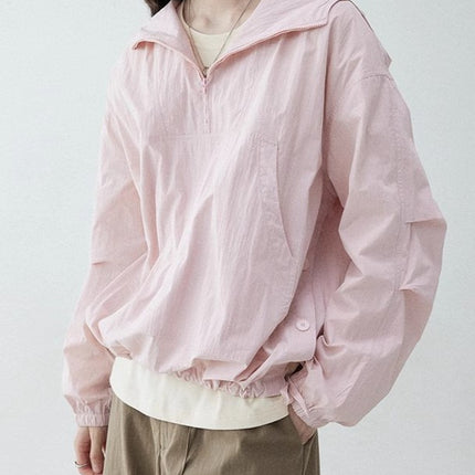 Sweet Style Half Open Collar Hooded Drawstring Coat Women's Spring New Pullover Solid Color Top
