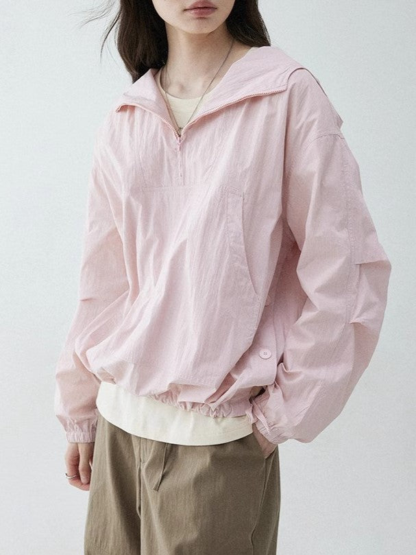 Sweet Style Half Open Collar Hooded Drawstring Coat Women's Spring New Pullover Solid Color Top