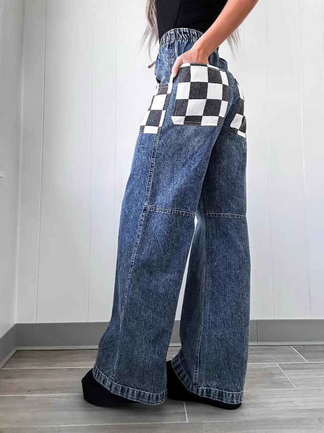 2026 European and American Cross-Border Spring New Products, Fashionable Casual Loose Plaid Contrasting Color Women's Denim Pants 8959