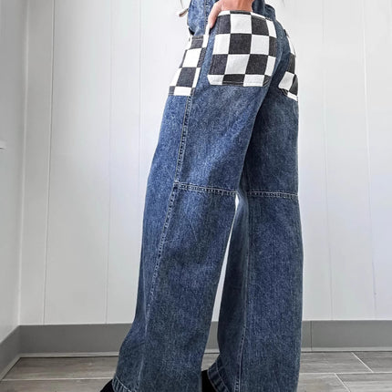 2026 European and American Cross-Border Spring New Products, Fashionable Casual Loose Plaid Contrasting Color Women's Denim Pants 8959