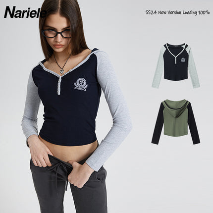 Heyhenry 2025 European and American Cotton Thread Embroidered Color-Block Hooded Crop Top Long-Sleeve T-Shirt for Women