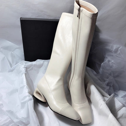 Minimalist Style ~ Small Square Toe Thick Heel Boots for Women, No More Than Knee Soft Leather Boots for Women, Simple White High Boots for Women