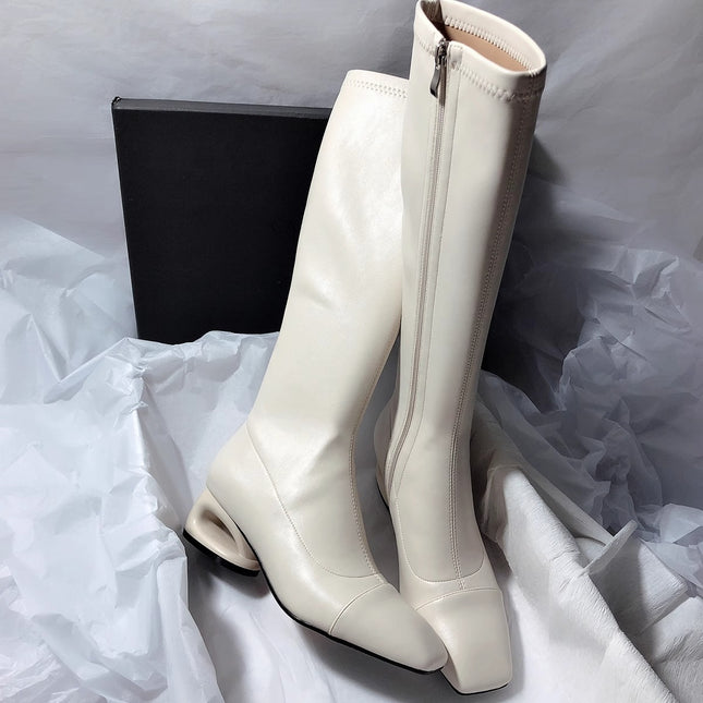 Minimalist Style ~ Small Square Toe Thick Heel Boots for Women, No More Than Knee Soft Leather Boots for Women, Simple White High Boots for Women