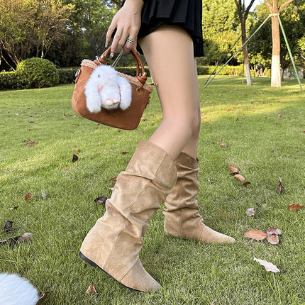 Pleated Slouch Boots for Women 2025 New British Style Chunky Heel Trendy Street Slip-On Boots Over-The-Knee Comfortable Mid-Calf Boots