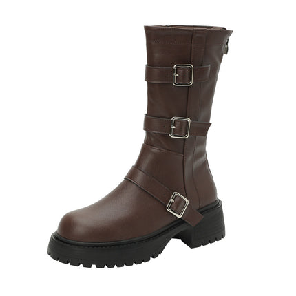 British Style Belt Buckle Mid-Calf Boots 2024 Autumn and Winter New Round Toe Thick Heel Boots Women's Western Knight Boots