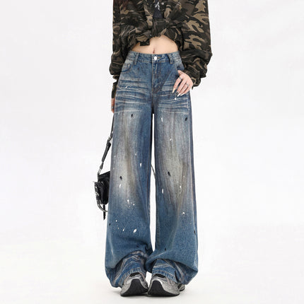 American Retro Graffiti Wide-Leg Jeans for Women, Spring 2026 New Style, Loose Floor-Length Pants for Pear-Shaped Body