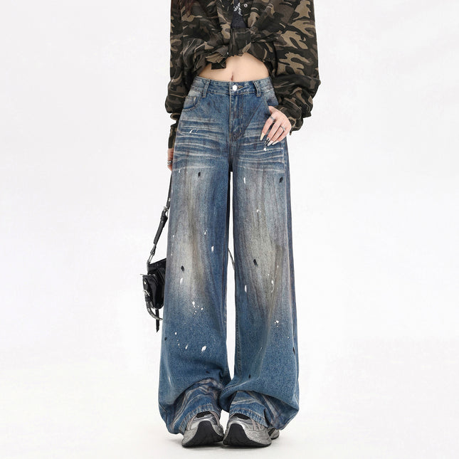 American Retro Graffiti Wide-Leg Jeans for Women, Spring 2026 New Style, Loose Floor-Length Pants for Pear-Shaped Body