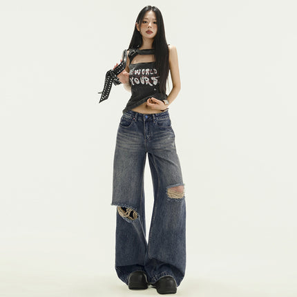 American Retro Ripped Wide Leg Jeans Women's 2025 Spring and Summer New Straight Loose High Waist Slim-Fit Mopping Pants