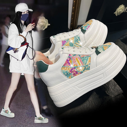 Women's White Sneakers with Hidden Height Increase, 2026 Spring New Model, 9cm Platform Sole, Breathable Sneakers, Korean Style, Genuine Leather Mesh Women's Shoes