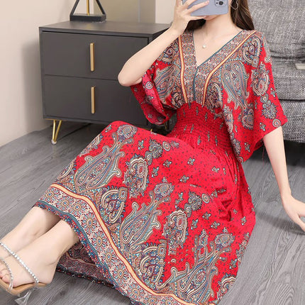 Cross-border ethnic style V-neck cotton silk short-sleeved beach skirt Thailand travel dress summer printed holiday floral skirt