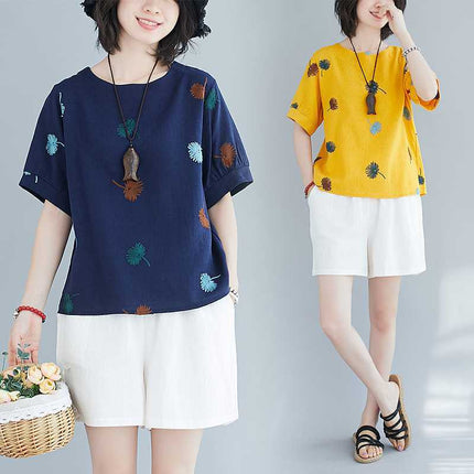 Real shot 2024 summer new short sleeve literary fan cotton linen loose slim round neck base shirt top
