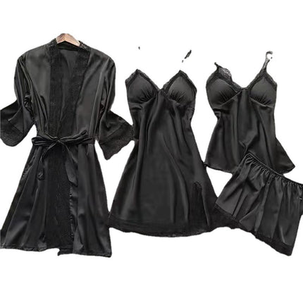 Cross-Border Four-Piece Pajama Set for Women, Spring and Summer Ice Silk Camisole Nightgown Set with Chest Pads, Loungewear, Lingerie