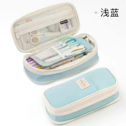 Cross-Border Color-Blocked Retractable Pencil Case, Large-Capacity Stationery Bag, Multifunctional Double-Zipper for Students, Simple and Convertible into Canvas