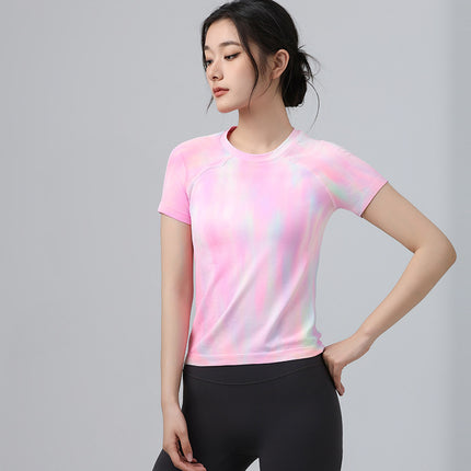 LULU High Elastic Breathable Lightweight One-piece Yoga Aurora Magic Color Half-sleeved Short-sleeved Running T-shirt New