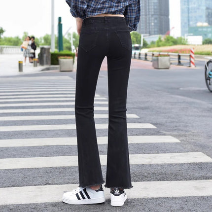 Black Flared Jeans for Women, Autumn and Winter Trendy Versatile New Style, Fleece-Lined, High-Waisted, Slim-Fit, Frayed Hem Bell-Bottom Pants