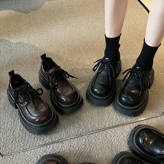 Thick-Soled Small Leather Shoes for Women 2025 Autumn and Winter New British Style New Products with Skirts Black Lace-Up Loafers Brown