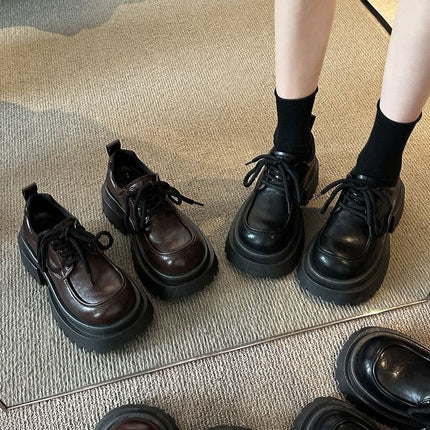 Thick-Soled Small Leather Shoes for Women 2025 Autumn and Winter New British Style New Products with Skirts Black Lace-Up Loafers Brown