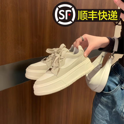 Cowhide ~ Genuine Leather White Shoes for Women, Round Toe, Color Matching Platform Shoes, Thick Soles, Heightening Casual Sports Shoes, Versatile Lace-Up Sneakers