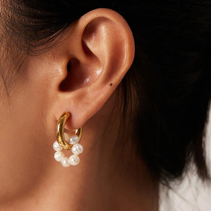 Asymmetric Pearl Earrings, Titanium Steel Light Luxury Style Gold Hoops, Niche Design Baroque Pearl Earrings