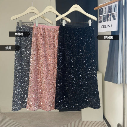 plus size 2025 Spring New Fashion Sequin Split Skirt Women's Small Long Straight Skirt