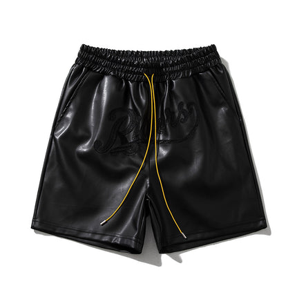Cross-border European and American Shorts Men's New Teenager Fashion Brand Beach Pants Embroidered Alphabet Leather Drawstring Summer Shorts