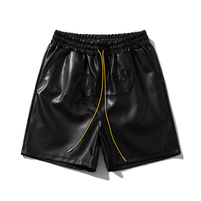 Cross-border European and American Shorts Men's New Teenager Fashion Brand Beach Pants Embroidered Alphabet Leather Drawstring Summer Shorts