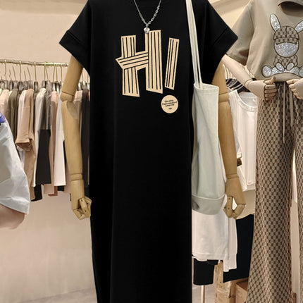plus size Short-sleeved Cotton Mid-length Dress Women's 2025 Summer New All-match Loose Long Dress Flying Sleeve Split dress