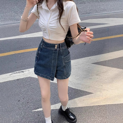 Plus Size Fat mm High Waist Asymmetrical Denim Shorts Women's Spring New Pear-Shaped Figure Design A-Line Skirt Pants
