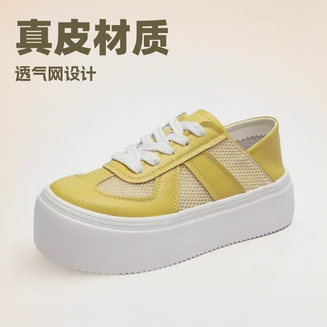 Genuine Leather Two-Way Platform Thick-Soled White Sneakers for Women, 2026 Summer New Style, Thin Mesh Breathable Sneakers, Height-Increasing Sports Casual Shoes
