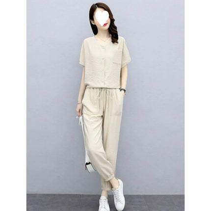 Sports Suit for Women Summer 2025 New Style Casual Fashion Fashionable Age-Reducing Lady Cotton and Linen Two-Piece Set