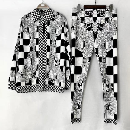 V home cross-border foreign trade acetate plaid printed loose shirt two-piece high waist stretch leggings fashion suit