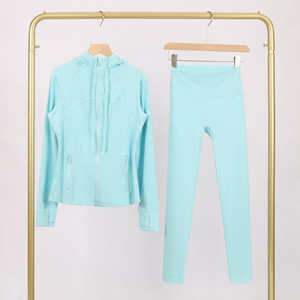 Lulu Df Stamped Hooded Jacket and Cropped Pants Set, Tight-Fitting Stretch Jacket with Gold Zipper, Fitness Yoga Outfit