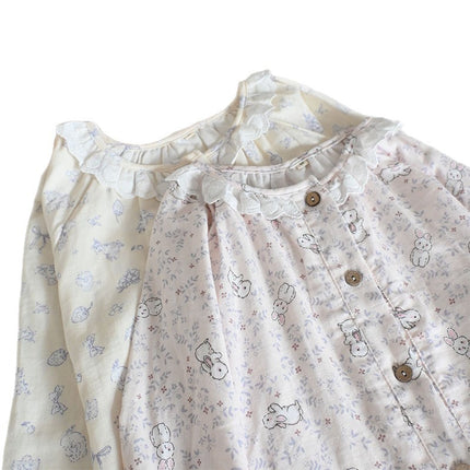 Spring and Autumn Cotton Double-layer Yarn Crewneck Llace Collar Women's Long Sleeve suit Home Clothes Soft and Sweet Outer Wear