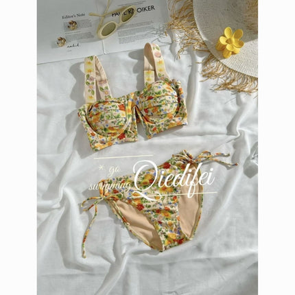 Source Factory Summer New Style Fresh Pastoral Style Vacation Bikini Small Breast Push-Up Split Swimsuit with Skirt for Women