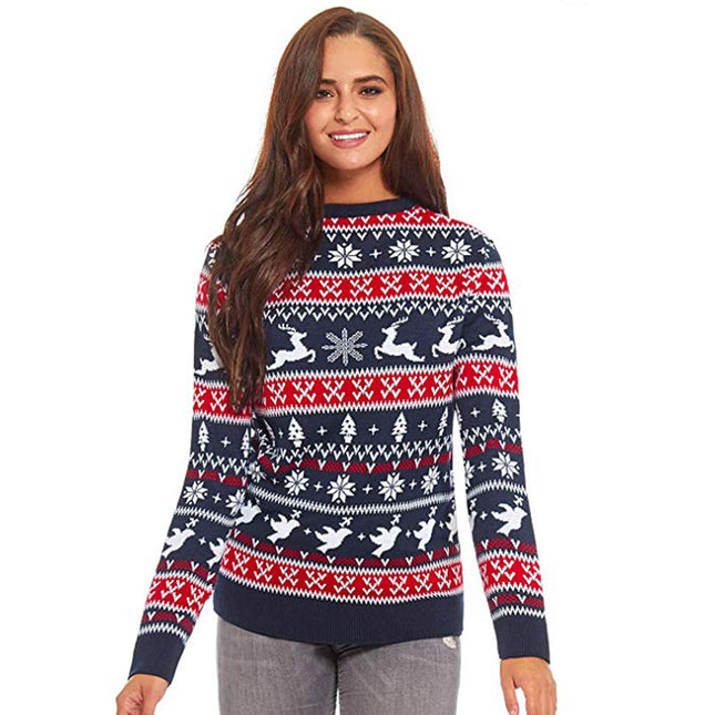 2025 Autumn and Winter European and American Christmas Pullover Jacquard Sweater Christmas Elk Snowflake Element Round Neck Knitted Couple Outfit