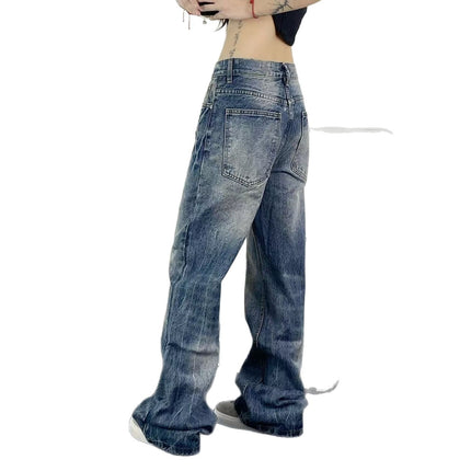 American High Street Washed Lightning Crack Blue Jeans for Women 2025 New Style Loose Straight Floor-Length Pants