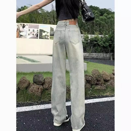 Retro Straight Jeans for Small Women Spring & Fall 2024 New High-waist Draped Floor-length Narrow Wide-leg Long Pants