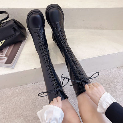 Over-The-Knee High Boots 2025 Autumn and Winter New Style Handsome Knight Boots Round Toe Lace-Up Elastic Fleece-Lined Boots Riding Boots
