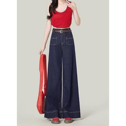 American Style dark blue Wide-Leg Jeans Women's 2025 Spring High Waist Pear-Shaped Slim-Fit Drop Loose Straight Pants