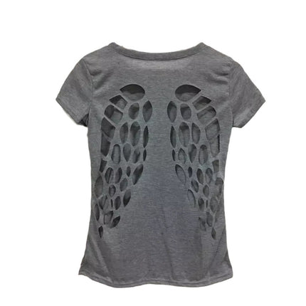 Amazon Back Burning Flower Laser Carving Hollow Angel Wings Black Round Neck Short Sleeve Women's T-shirt for Foreign Trade