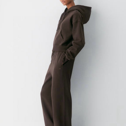 Women's Aritz Coffee-Colored Lead Gray Elastic Waist Autumn and Winter Fleece-Lined Warm Comfortable Straight-Leg Casual Sweatpants