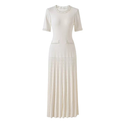 European and American Women's Fashion Summer New Elegant Long Dress French Style Socialite Heavy-Duty Pearl Embellished Mid-Length Short-Sleeve Knit Dress