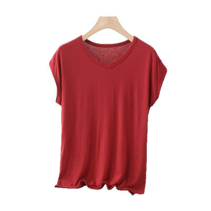 Cross-border New plus size Plus Fat V-neck Small Sleeve Summer Modal Elastic Base Shirt Loose Casual Simple T-shirt