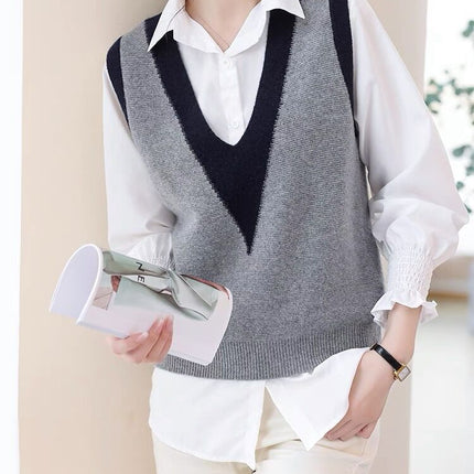 Woolen sweater knitted vest for women 2023 Autumn New sleeveless stacked color matching V-neck wool warm vest waistcoat