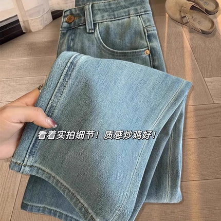 Korean Pear-Shaped Figure Slim Straight-Leg Jeans for Women Plus Size Autumn Stretch Petite Cropped Cigarette Pants Trendy
