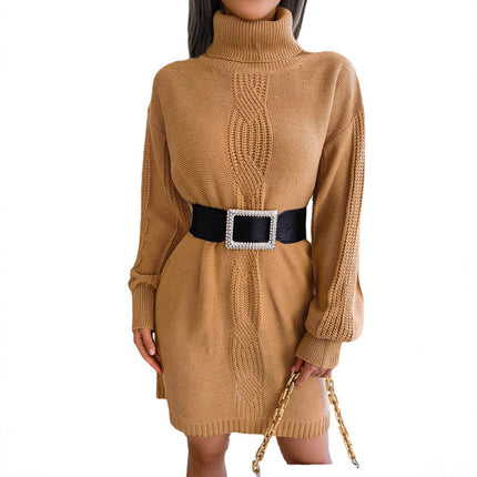Clearance Sale Autumn/Winter European and American Casual High-Neck Cable-Knit Lantern Sleeve Sweater Dress Amazon Hot-Selling Cross-Border Women's Clothing